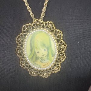 Vintage Kindschi Kreations Brooch Necklace Gold Handpainted Jewelry Cameo Girl